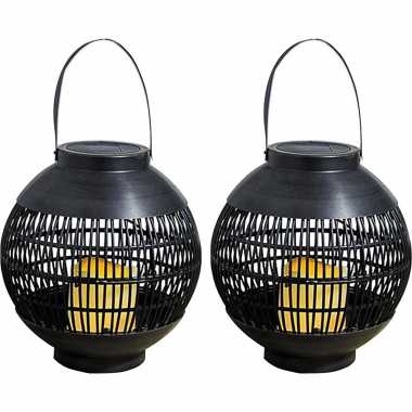 2 keer buiten/tuin zwarte rotan lampionnen/hanglantaarns 0 solar tuinverlichting