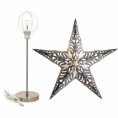Decoratie kerstster wit/zilver 60 cm inclusief tafellamp/lamp standaard